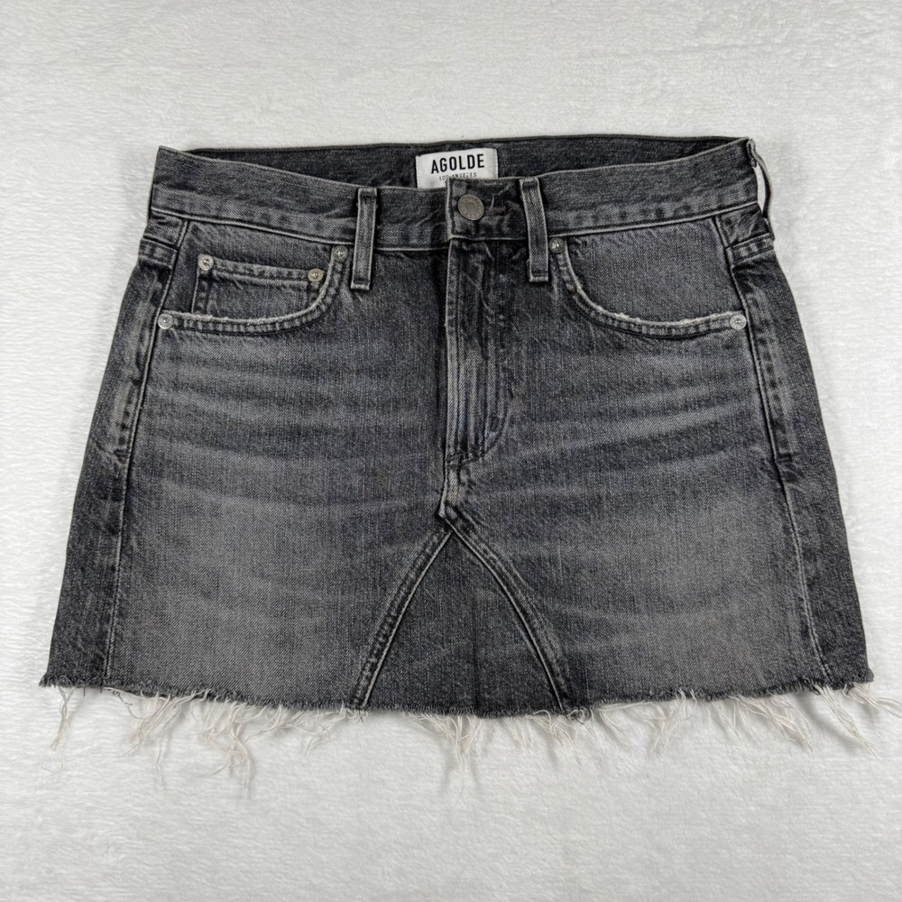 AGOLDE Quinn High Rise Mini‎ Skirt Washed Black Denim Raw Hem A046-2081 Size 24